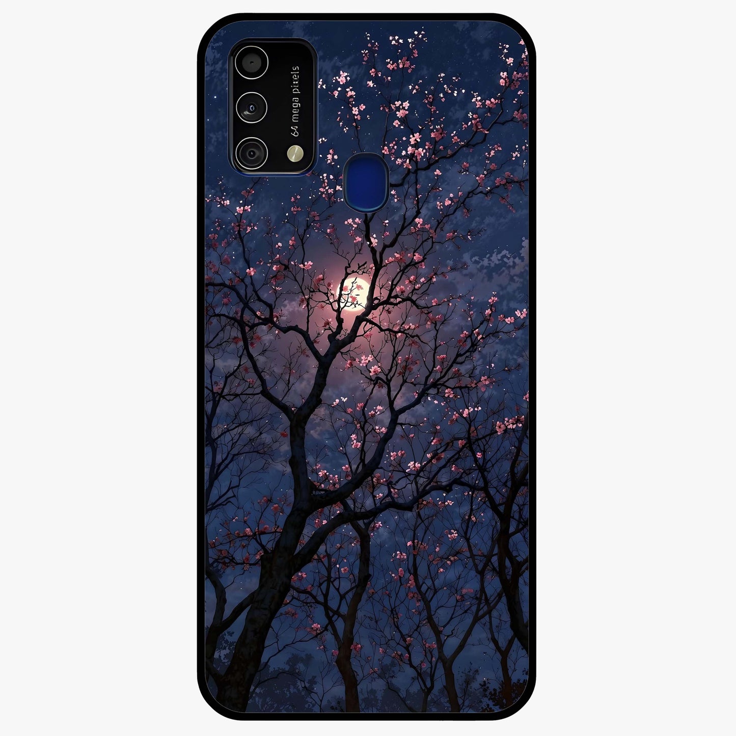 Twilight Sakura Serenade Glass Case showing flat back view with cherry blossom artwork at twilight and glossy glass finish.