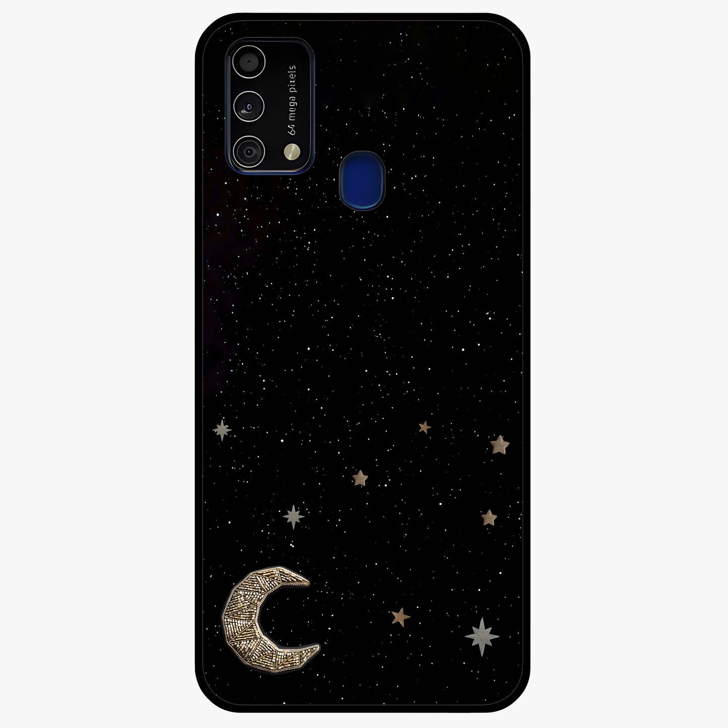 Twinkle Star With Half Moon Glass Case showing flat back view with star and half moon artwork and glossy glass finish.