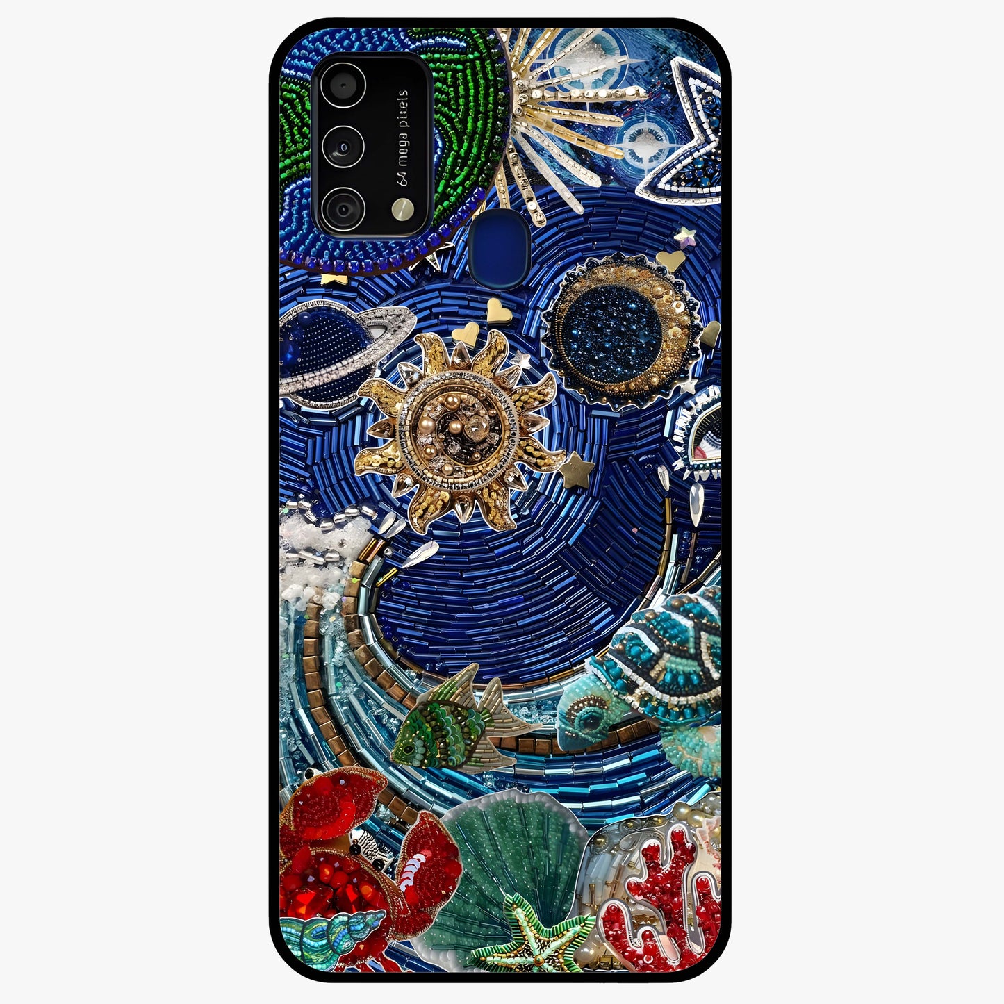 Universe Underwater Spark Glass Case showing flat back view with cosmic underwater themed artwork and glossy glass finish.