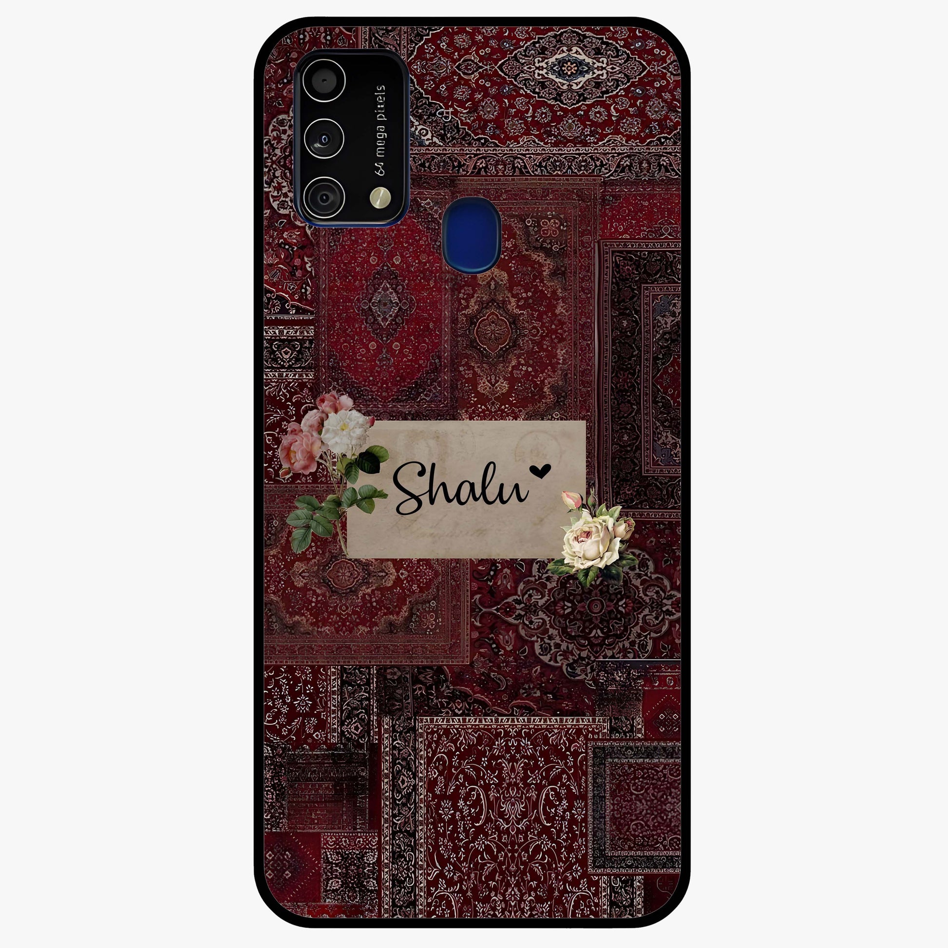 Velvet Wine Pattern Custom Name Glass Case showing flat back view with elegant wine colored pattern artwork and personalized name design.