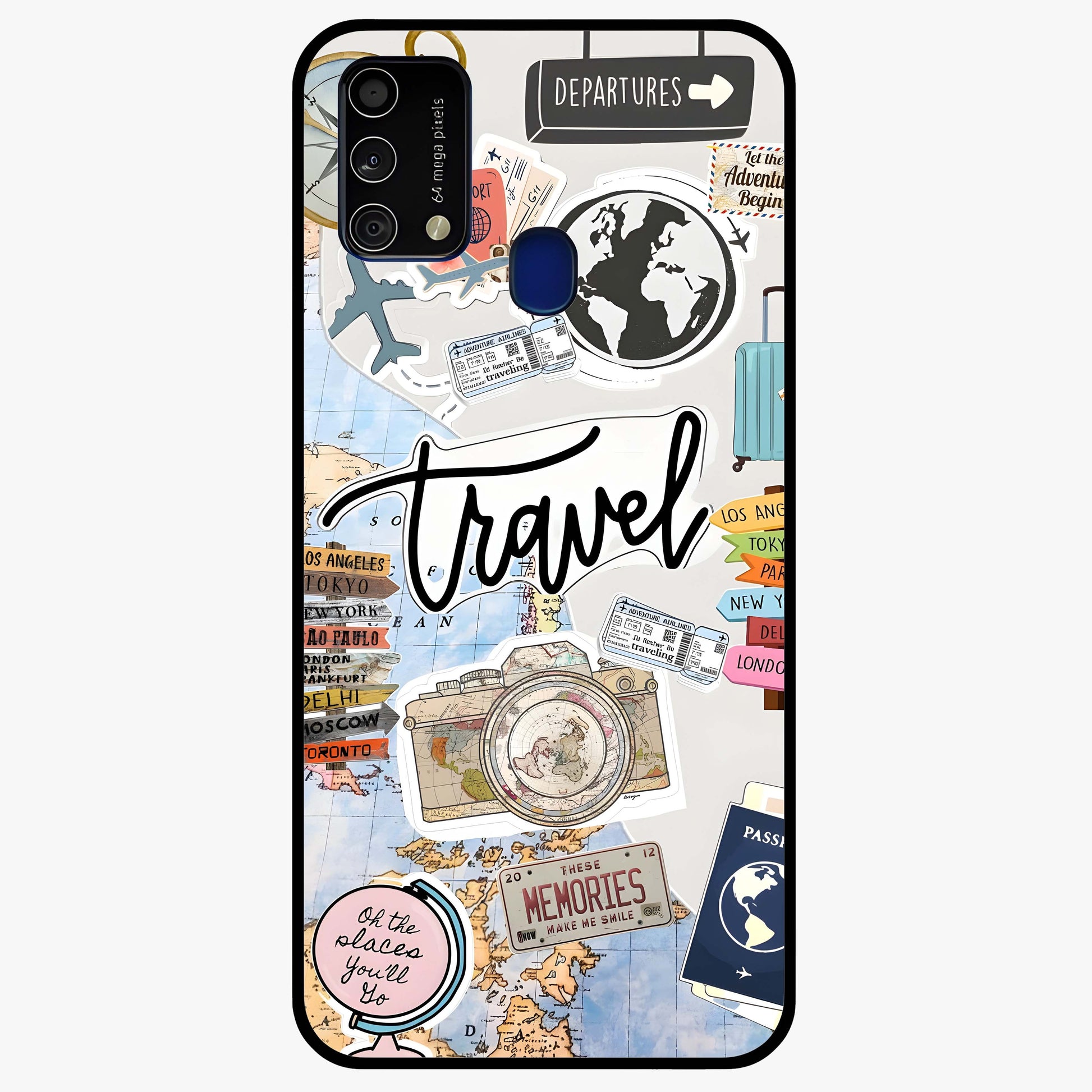 Wanderlust Journal Glass Case showing flat back view with travel inspired artwork and glossy glass finish.