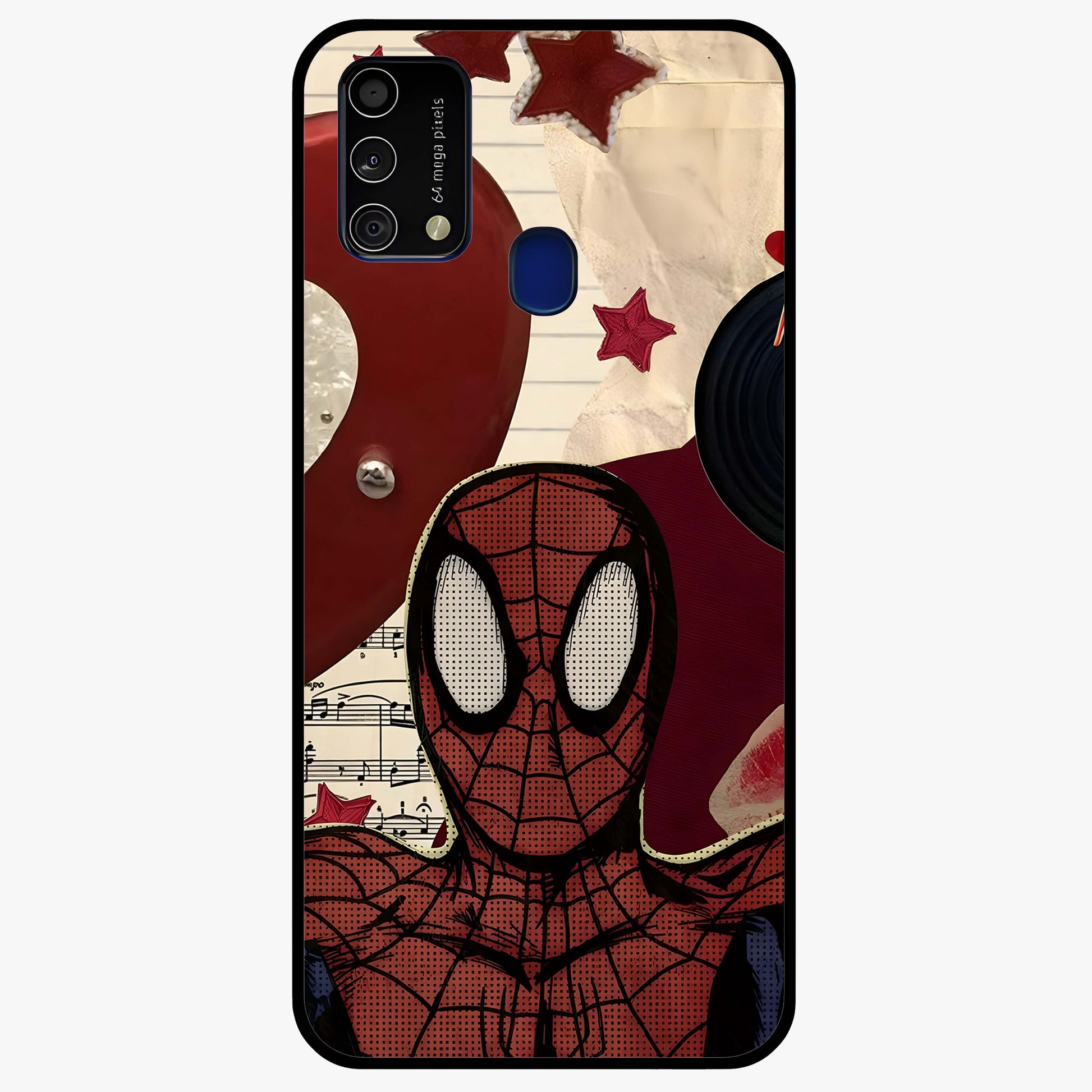 Web Warrior Vibes Glass Case showing flat back view with superhero inspired web themed artwork and glossy glass finish.
