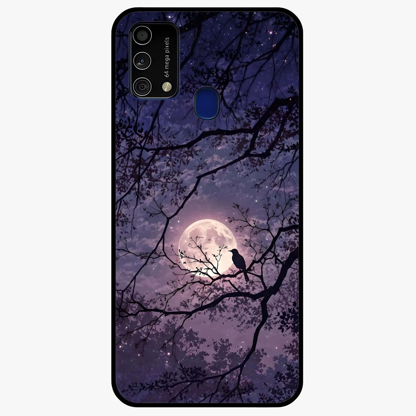 Whispering Moon Silence Glass Case showing flat back view with serene moon themed artwork and glossy glass finish.
