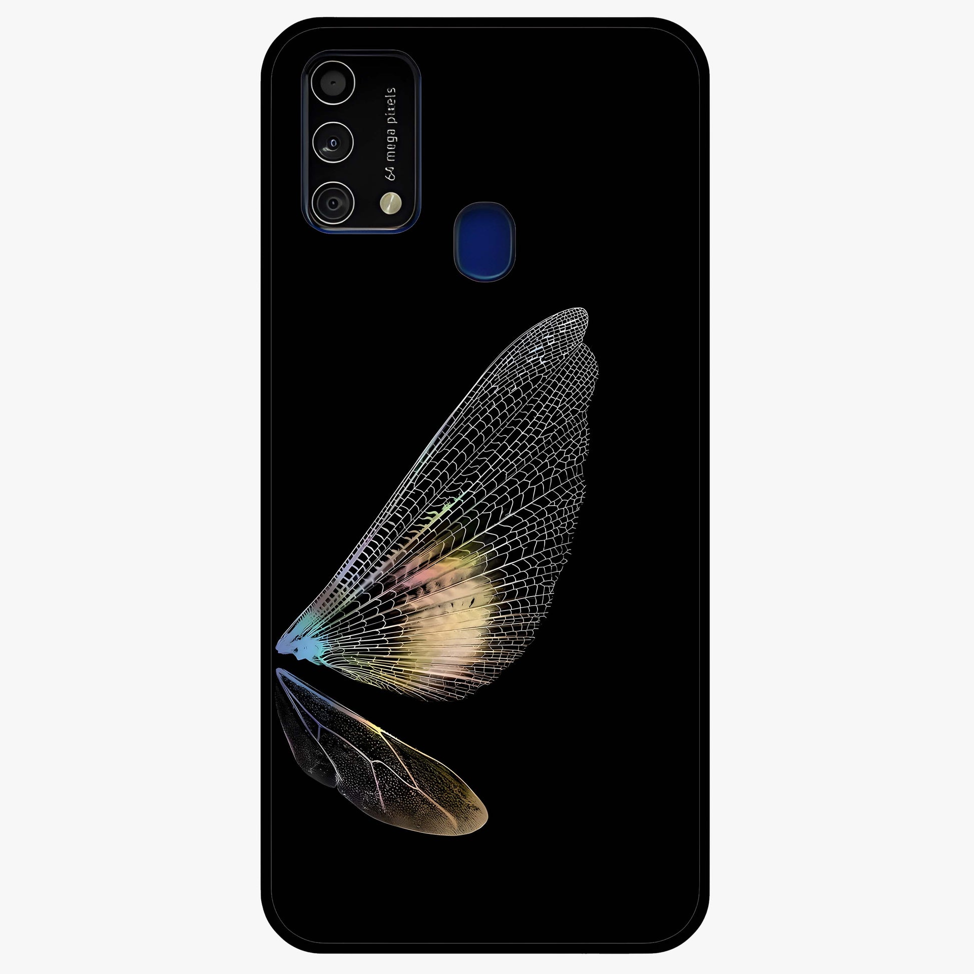 Whispers Of Wings Glass Case showing flat back view with graceful wing inspired artwork and glossy glass finish.