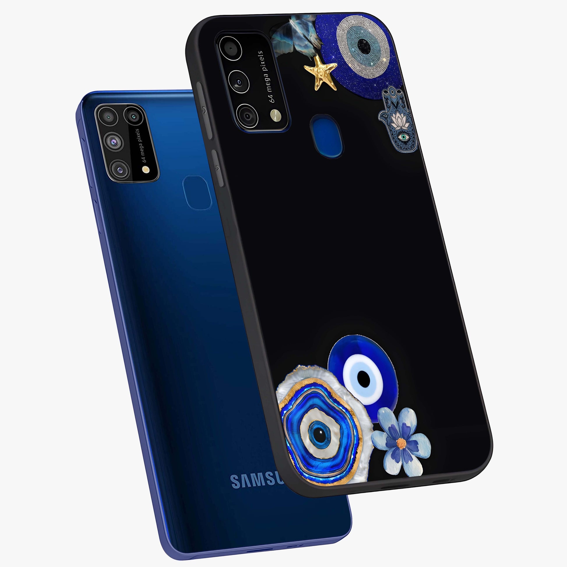Aesthetic Blue Evil Eye Glass Case displayed in angled mockup highlighting blue evil eye symbol and spiritual aesthetic design.