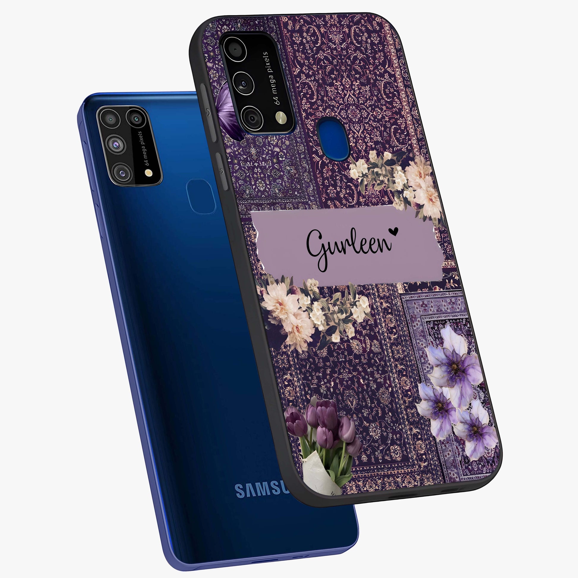 Antique Floral Whisper Custom Name Glass Case displayed in angled mockup highlighting elegant antique floral aesthetic.