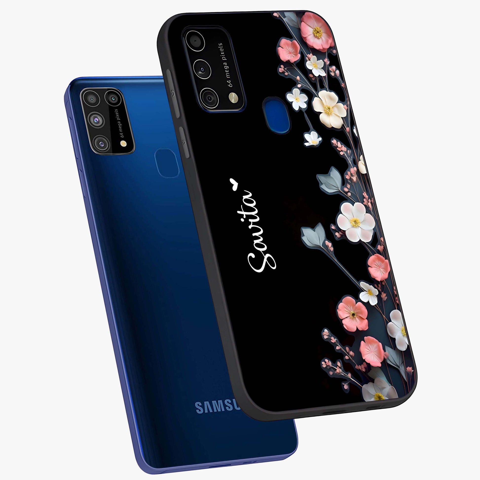 Black Elegance Floral Custom Name Glass Case displayed in angled mockup highlighting dark floral aesthetic and custom name feature.