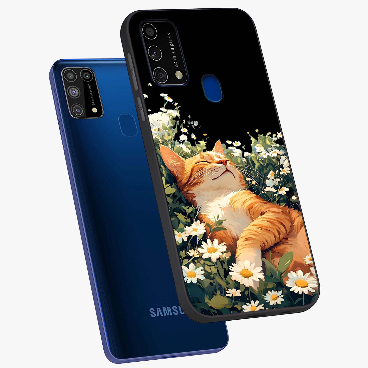 Blissful Bloom Cat Glass Case displayed in angled mockup highlighting playful feline illustration with soft floral aesthetic.
