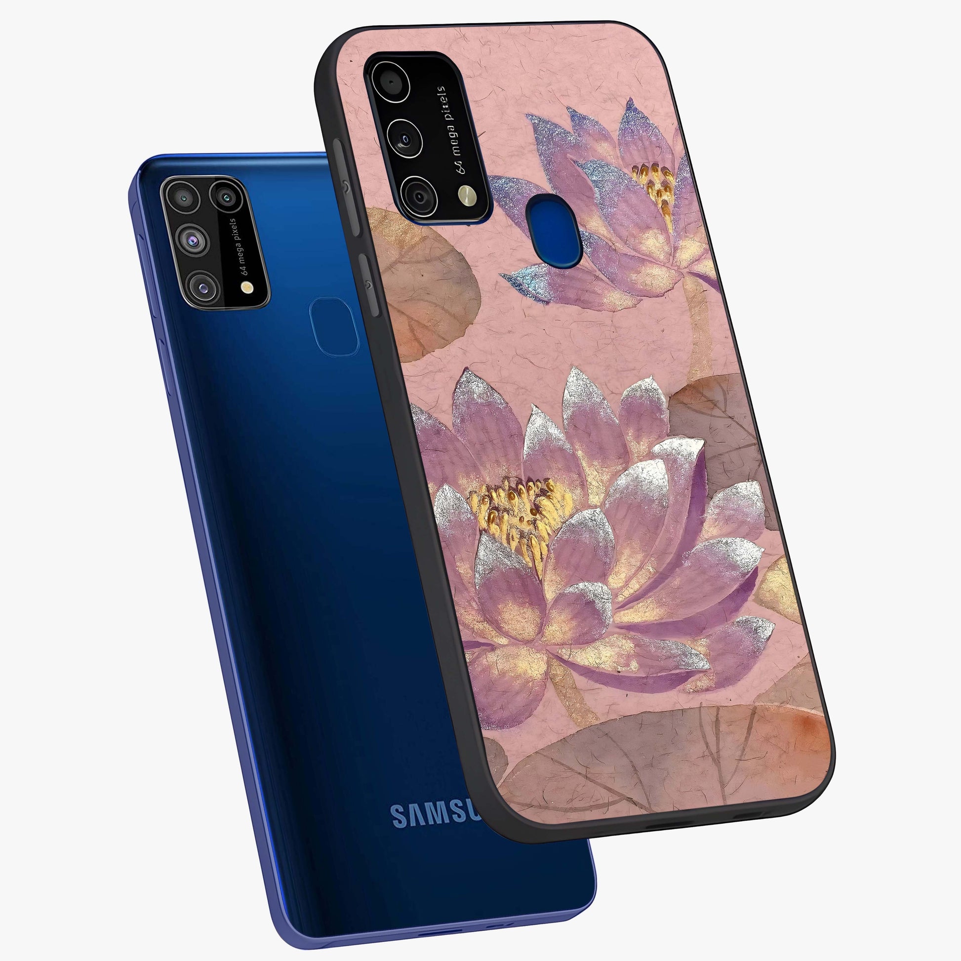 Blossom Mist Lotus Glass Case displayed in angled mockup highlighting delicate lotus illustration with calm aesthetic theme.