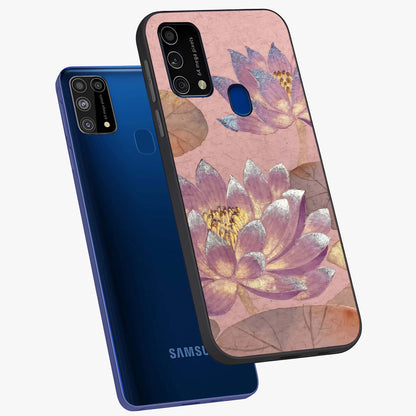 Blossom Mist Lotus Glass Case displayed in angled mockup highlighting delicate lotus illustration with calm aesthetic theme.