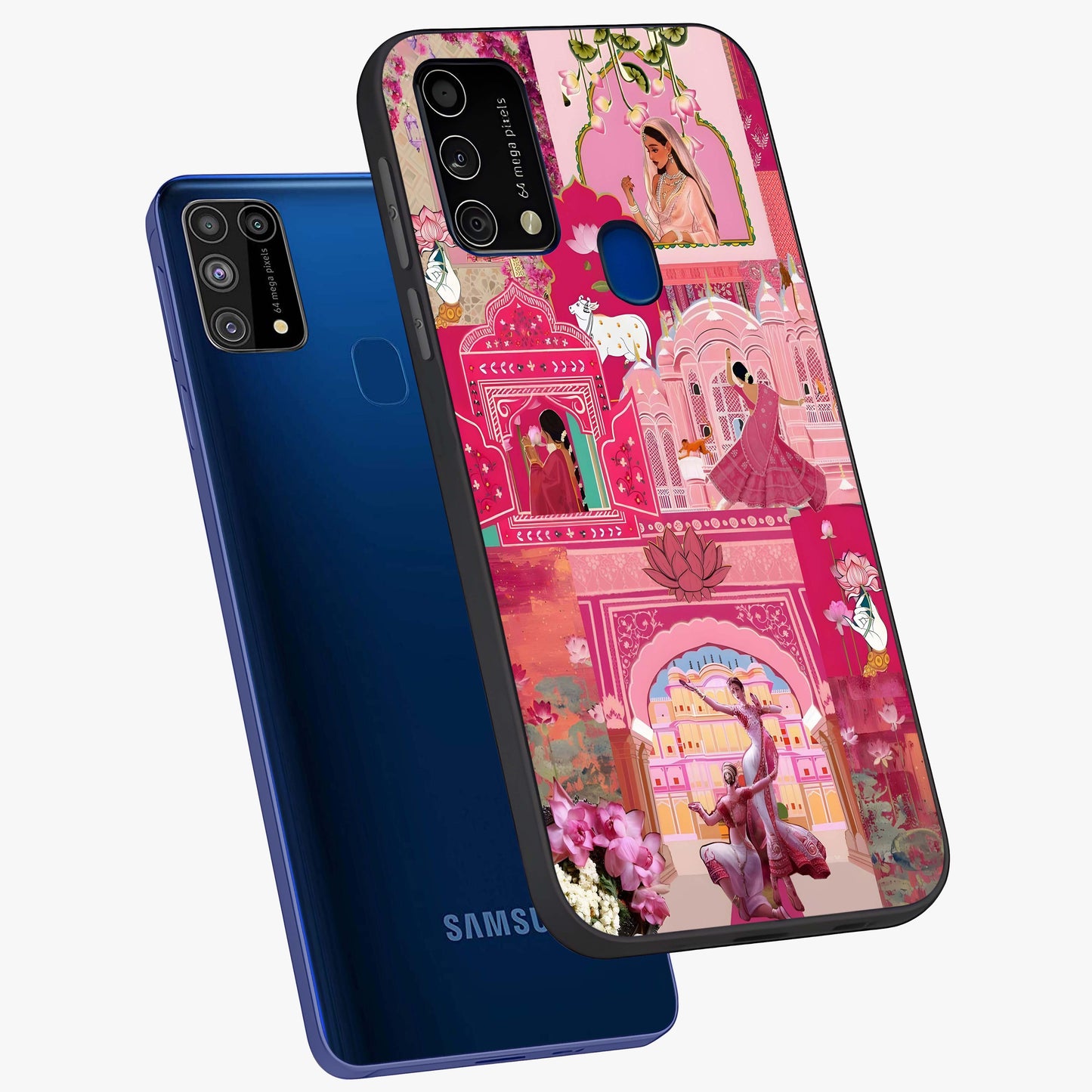 Blossoms of Rajasthan Glass Case displayed in angled mockup highlighting vibrant floral pattern with cultural aesthetic style.