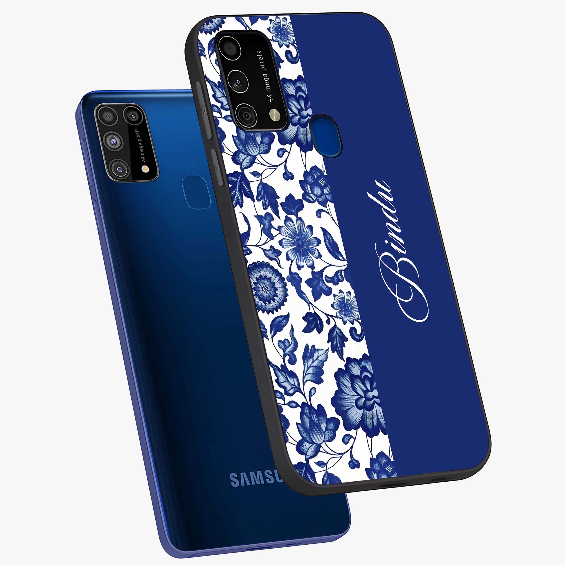 Blue Vintage Floral Pattern Glass Case displayed in angled mockup highlighting subtle bloom pattern with aesthetic pastel design.