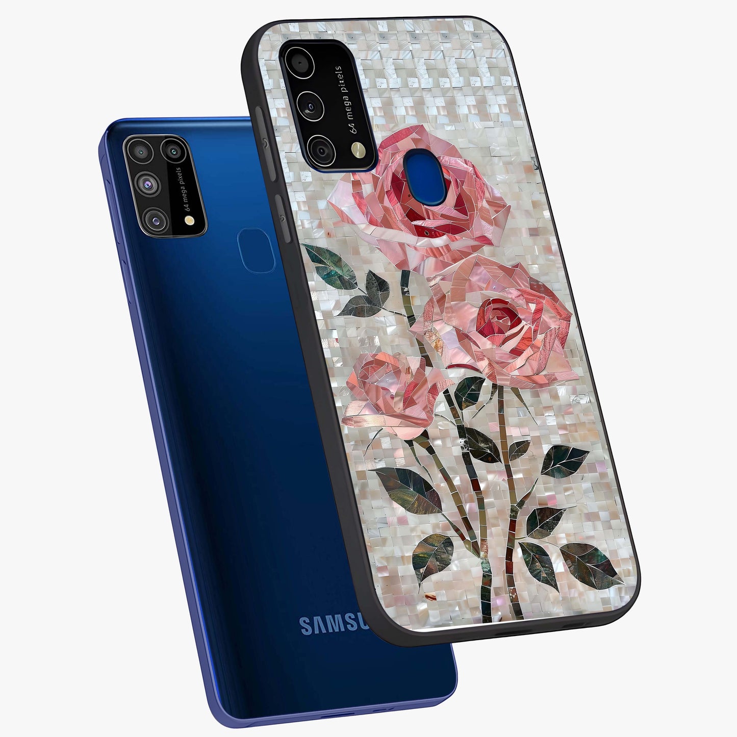 Blush Mosaic Bloom Glass Case displayed in angled mockup highlighting artistic mosaic flower pattern with aesthetic design.