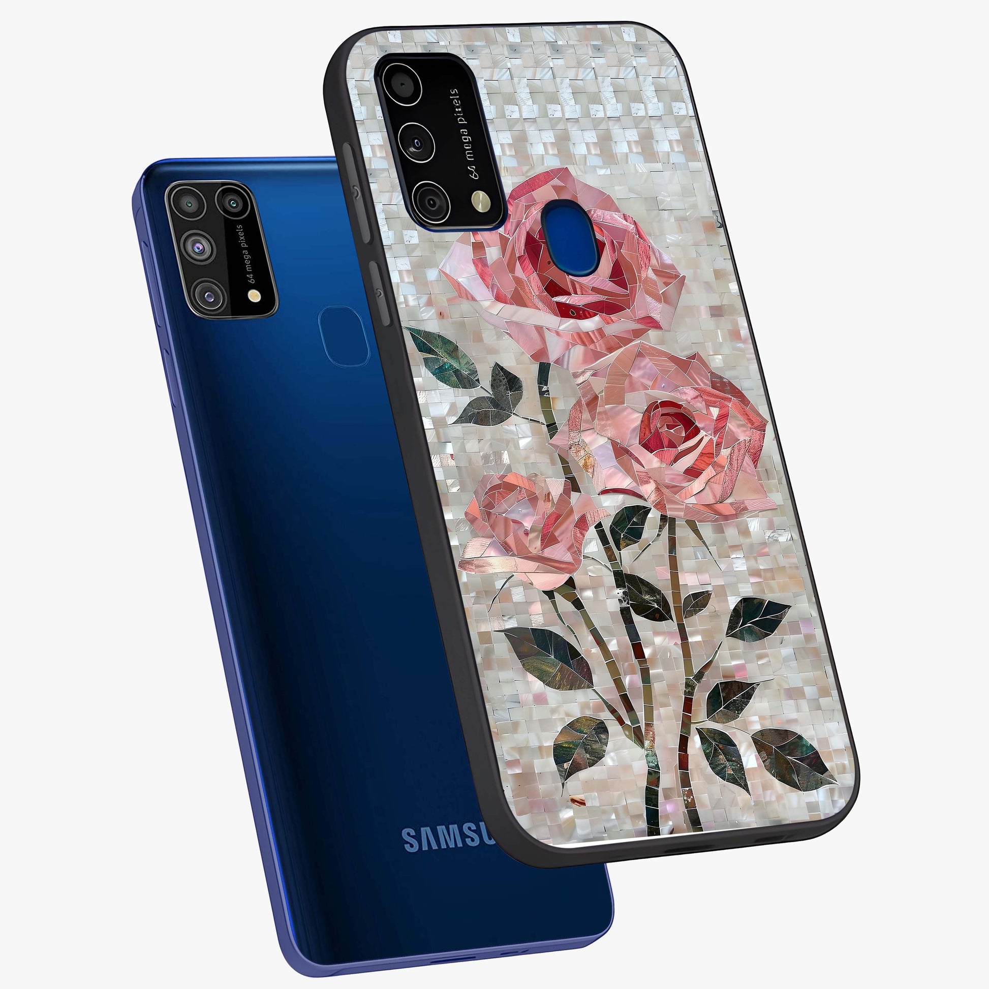Blush Mosaic Bloom Glass Case displayed in angled mockup highlighting artistic mosaic flower pattern with aesthetic design.