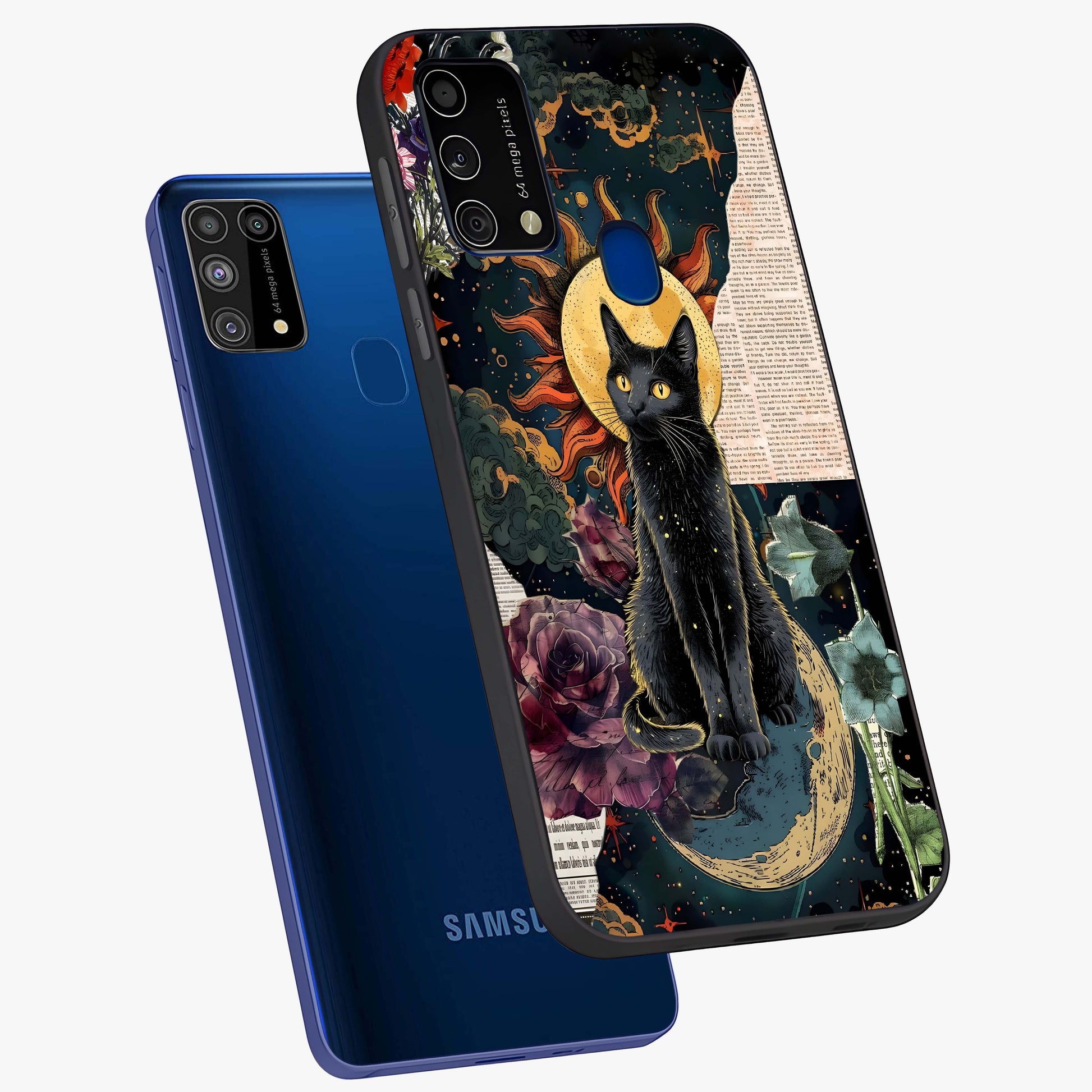 Celestial Black Cat Glass Case displayed in angled mockup highlighting cosmic black cat design with celestial aesthetic.