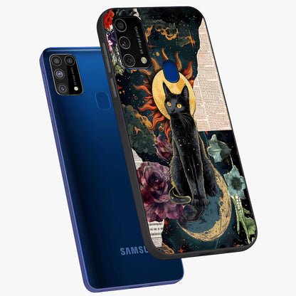 Celestial Black Cat Glass Case displayed in angled mockup highlighting cosmic black cat design with celestial aesthetic.