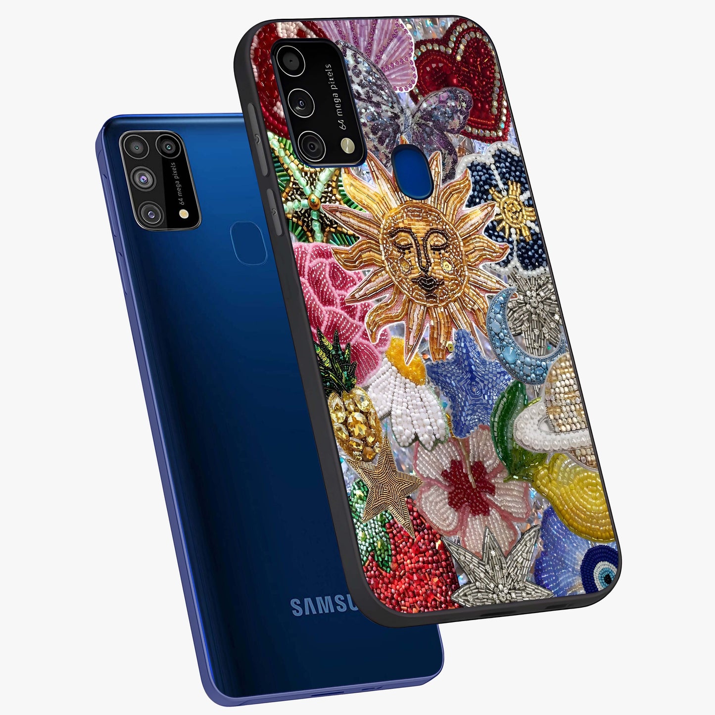 Celestial Floral and Playful Glass Case displayed in angled mockup highlighting playful floral design with dreamy celestial elements.