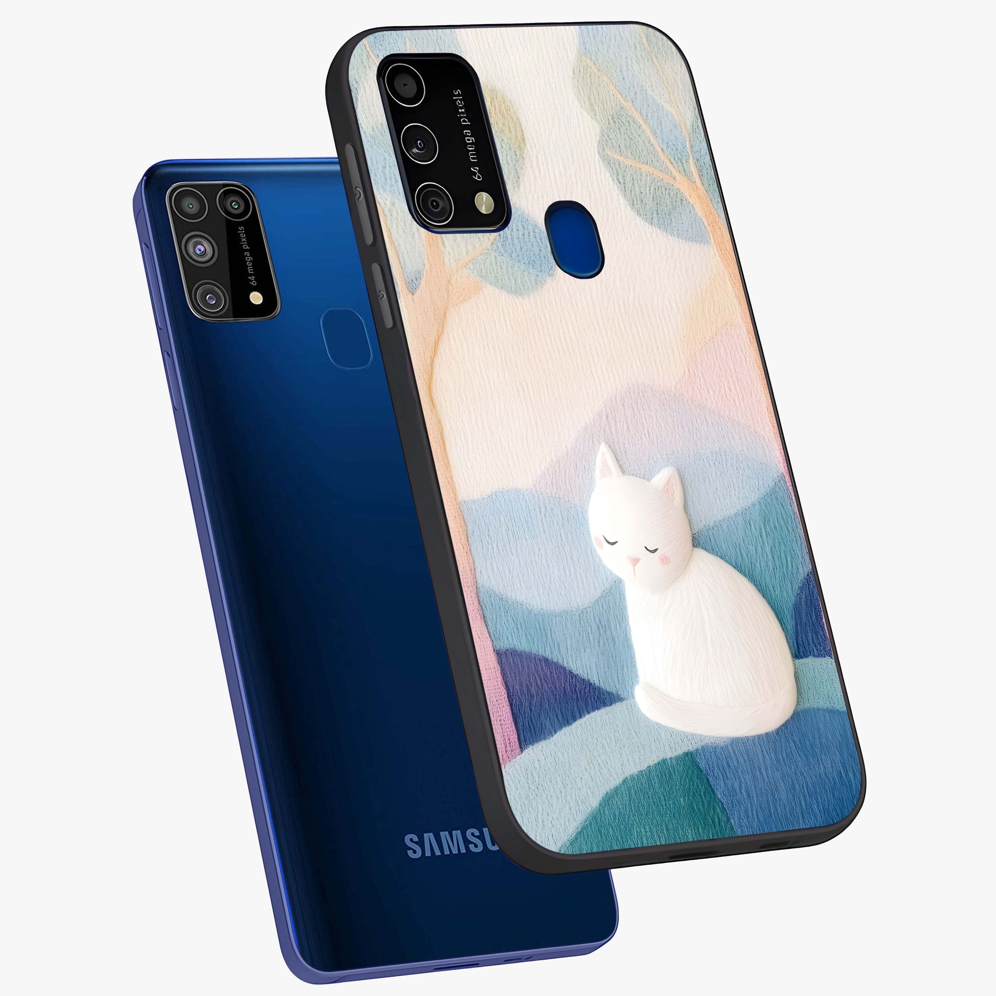 Cotton Dream Cat Glass Case displayed in angled mockup highlighting cute feline illustration with pastel aesthetic style.