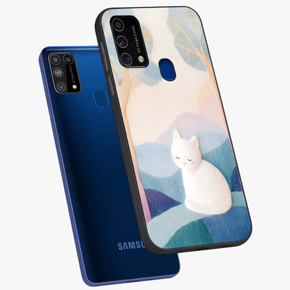Cotton Dream Cat Glass Case displayed in angled mockup highlighting cute feline illustration with pastel aesthetic style.