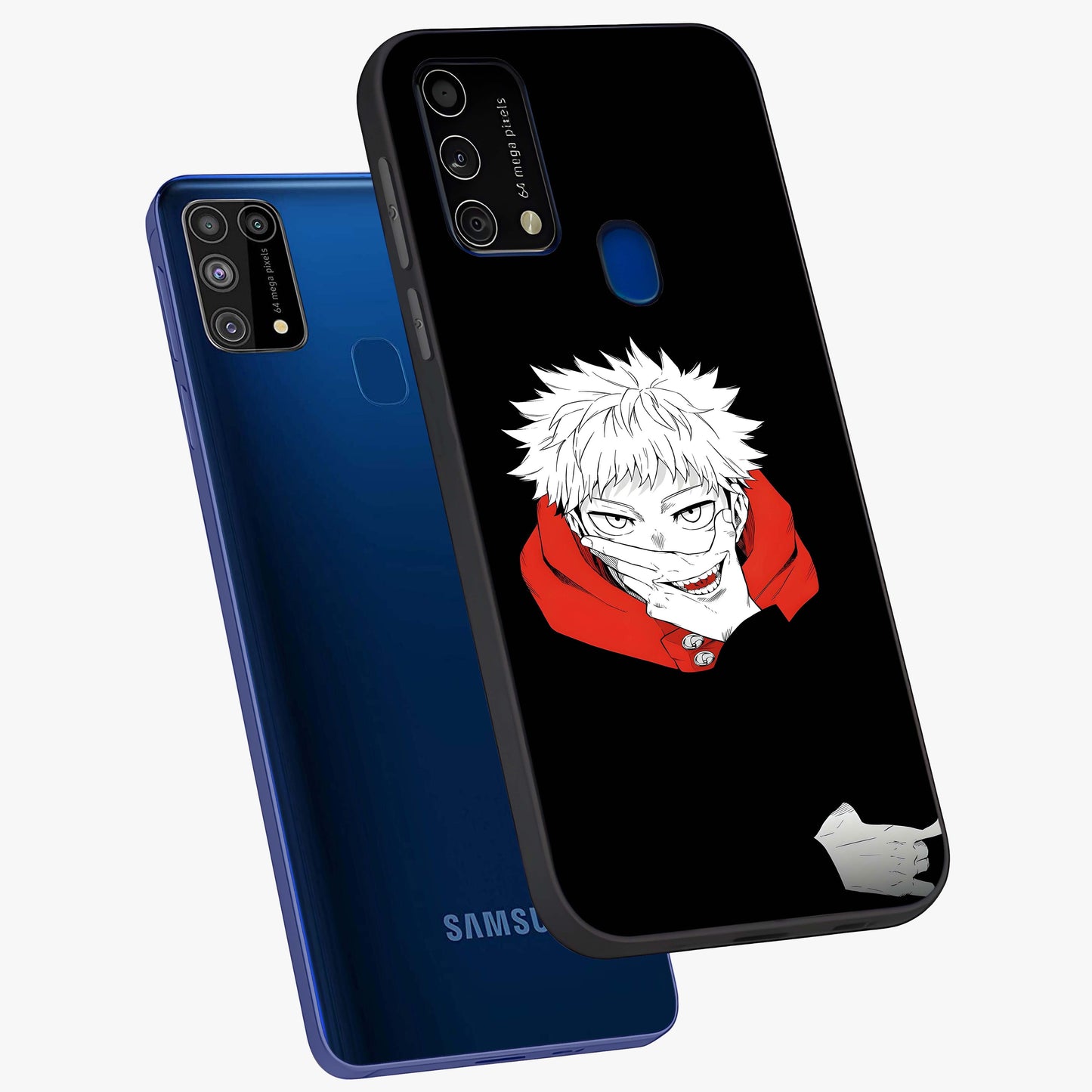 Crimson Chaos Smile Glass Case displayed in angled mockup highlighting edgy crimson smile design with graphic aesthetic.