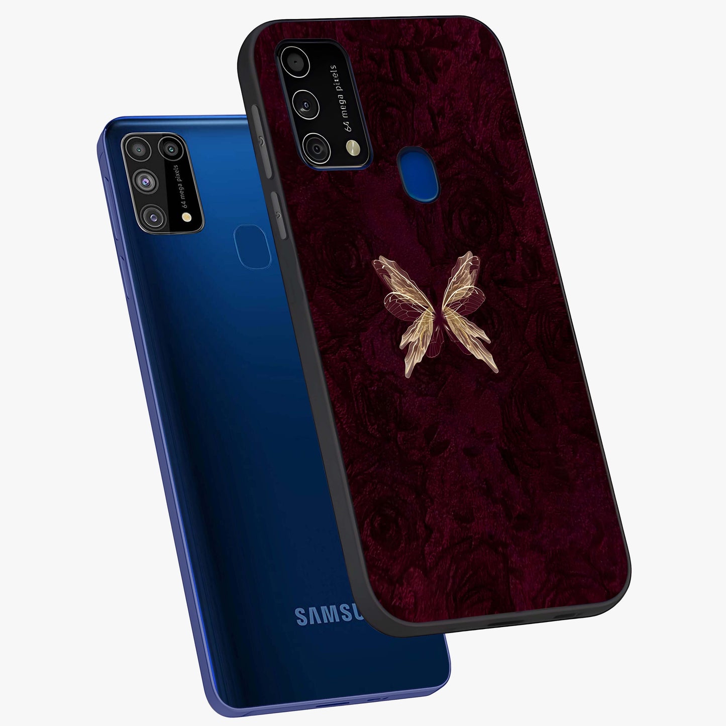 Crimson Fade Butterfly Glass Case displayed in angled mockup highlighting elegant butterfly design with crimson gradient aesthetic.