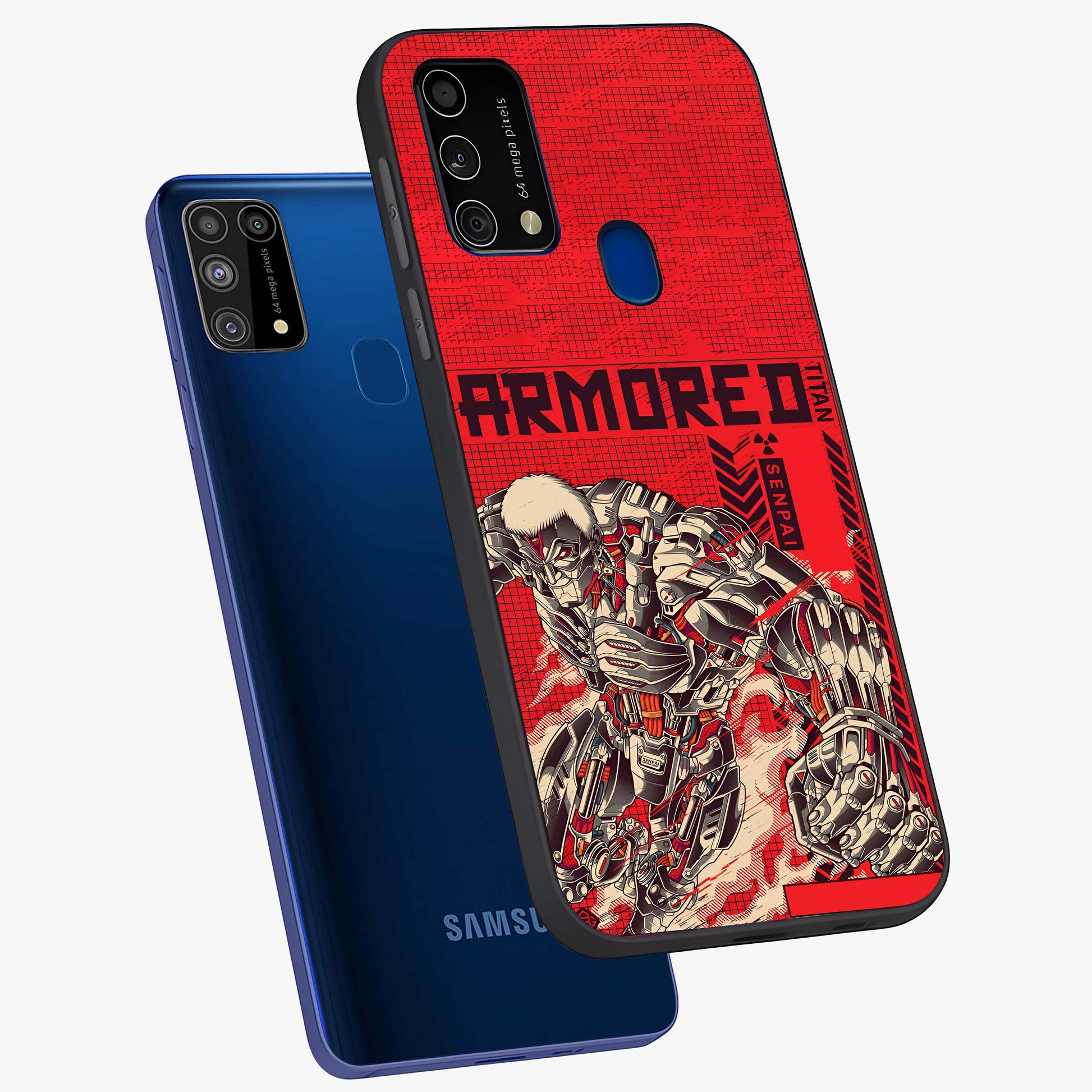 Crimson Mecha Titan Glass Case displayed in angled mockup highlighting futuristic mech illustration with bold crimson aesthetic.