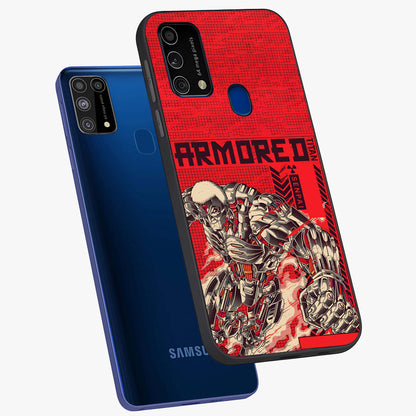 Crimson Mecha Titan Glass Case displayed in angled mockup highlighting futuristic mech illustration with bold crimson aesthetic.