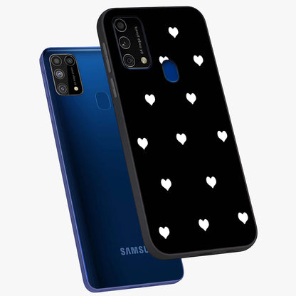 Cute And Simple White Hearts Glass Case displayed in angled mockup highlighting cute heart design with clean aesthetic style.