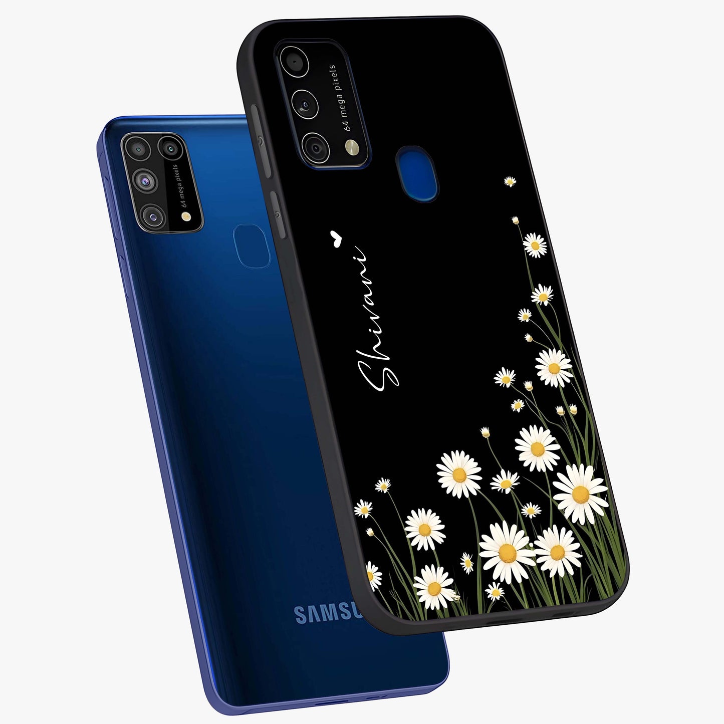 Daisy Cascade Custom Name Glass Case displayed in angled mockup highlighting delicate daisy artwork with custom name feature.