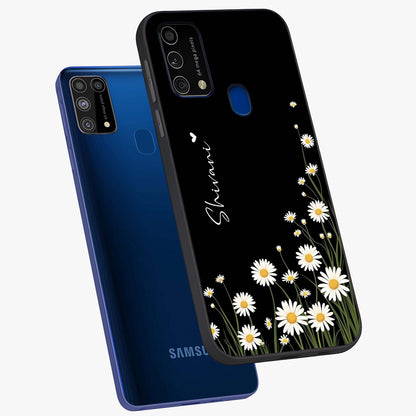Daisy Cascade Custom Name Glass Case displayed in angled mockup highlighting delicate daisy artwork with custom name feature.