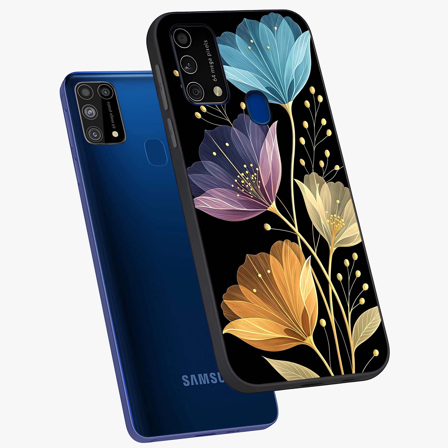 Delicate Multicolor Flowers Glass Case displayed in angled mockup highlighting colorful flower pattern with soft aesthetic style.