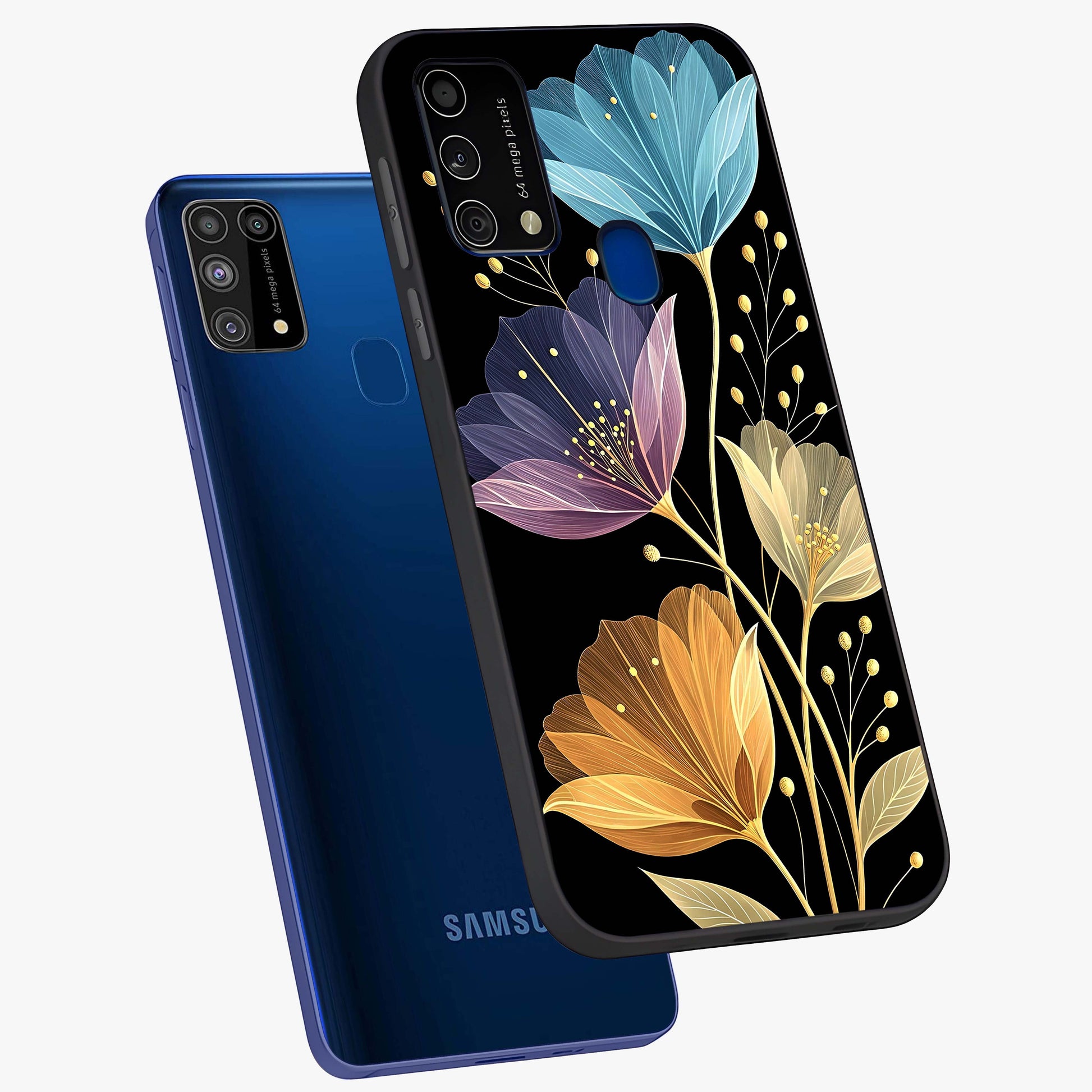 Delicate Multicolor Flowers Glass Case displayed in angled mockup highlighting colorful flower pattern with soft aesthetic style.