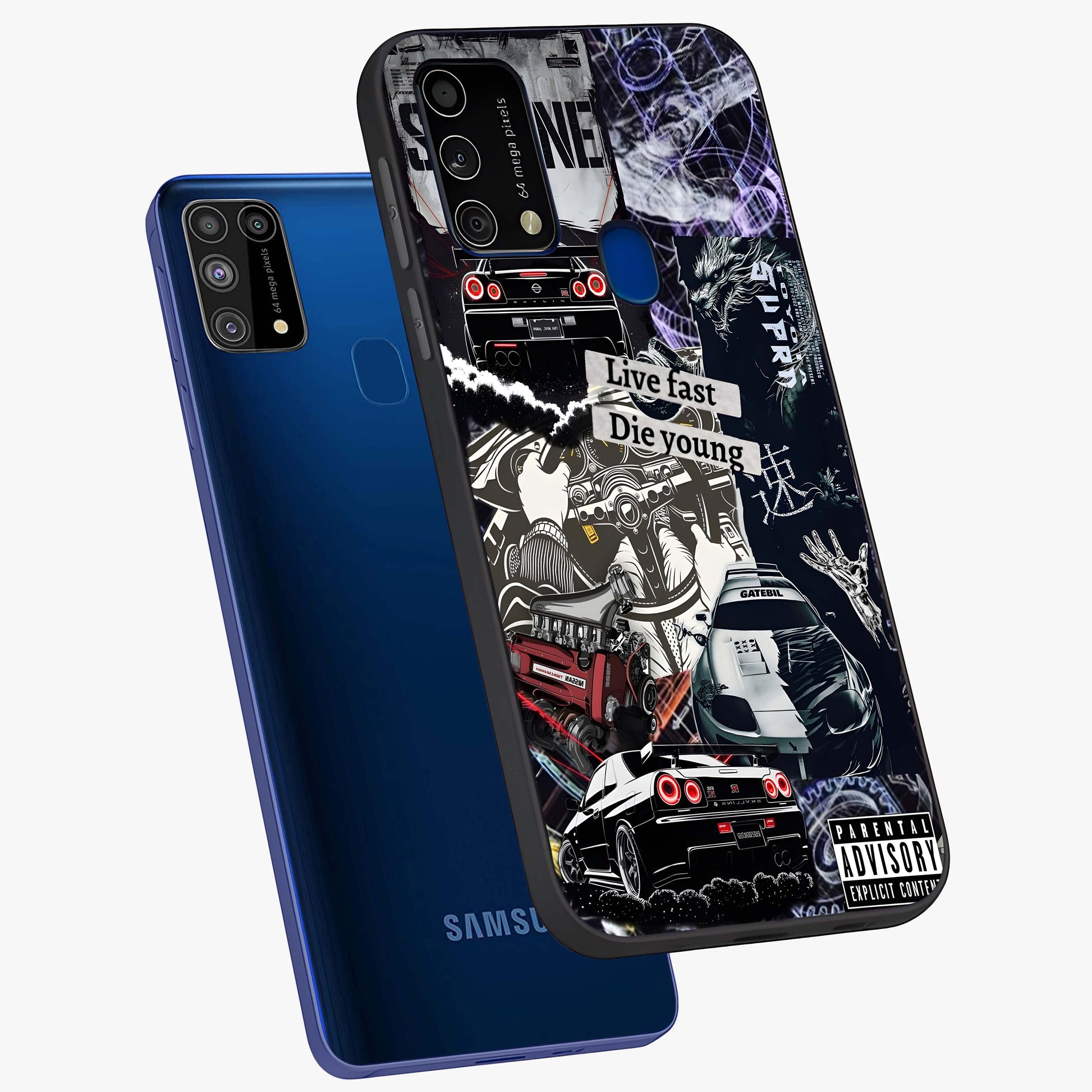 Die Young Glass Case displayed in angled mockup highlighting expressive graphic artwork with edgy aesthetic style.