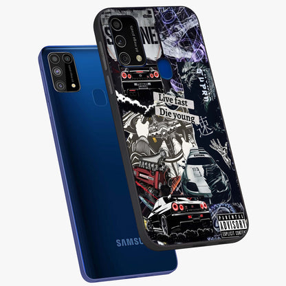 Die Young Glass Case displayed in angled mockup highlighting expressive graphic artwork with edgy aesthetic style.