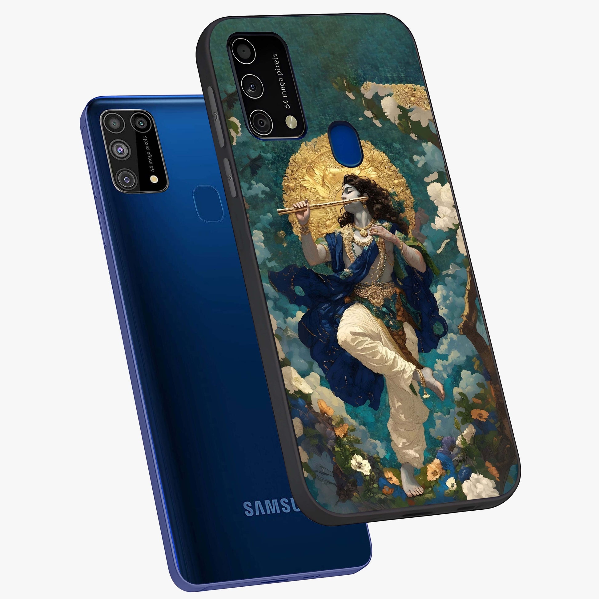 Divine Krishna Art Glass Case displayed in angled mockup highlighting spiritual Krishna illustration with devotional aesthetic.