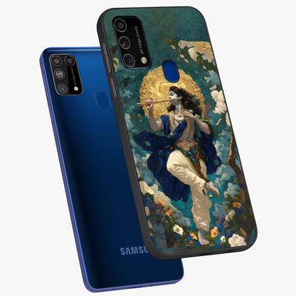 Divine Krishna Art Glass Case displayed in angled mockup highlighting spiritual Krishna illustration with devotional aesthetic.