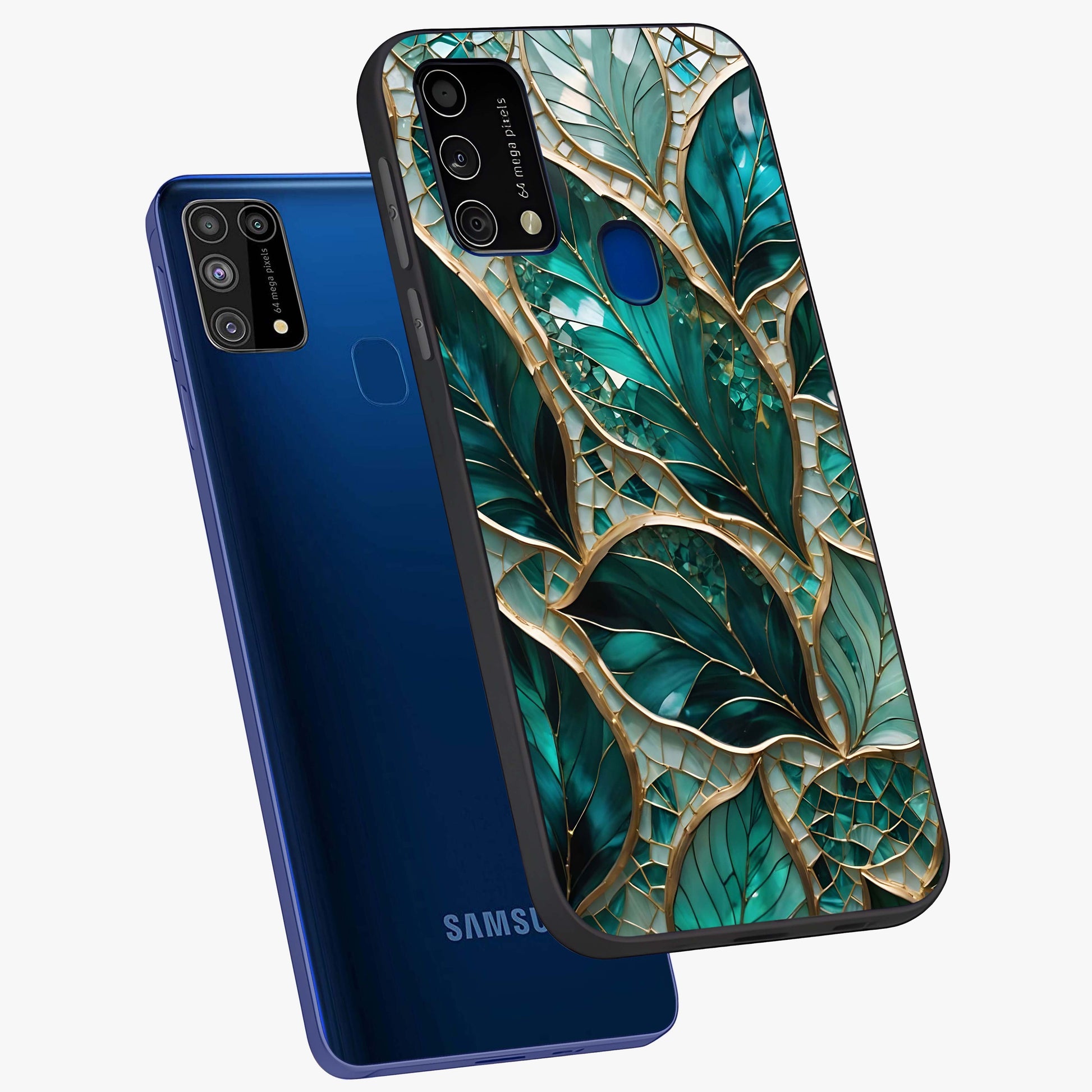 Emerald Leaf Glass Glass Case displayed in angled mockup highlighting botanical leaf illustration with elegant natural aesthetic.