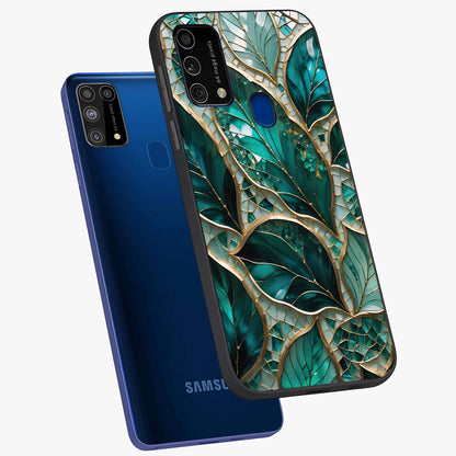 Emerald Leaf Glass Glass Case displayed in angled mockup highlighting botanical leaf illustration with elegant natural aesthetic.