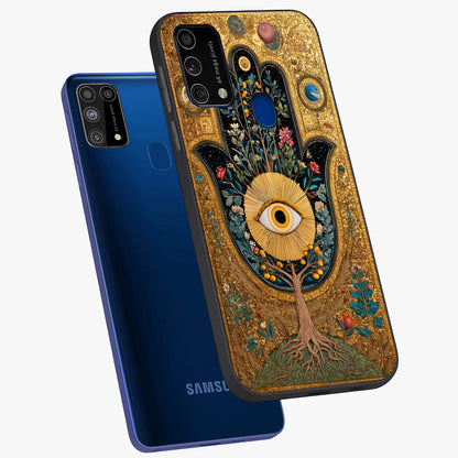 Ethereal Evil Eye Glass Case displayed in angled mockup highlighting protective evil eye symbol with spiritual aesthetic design.