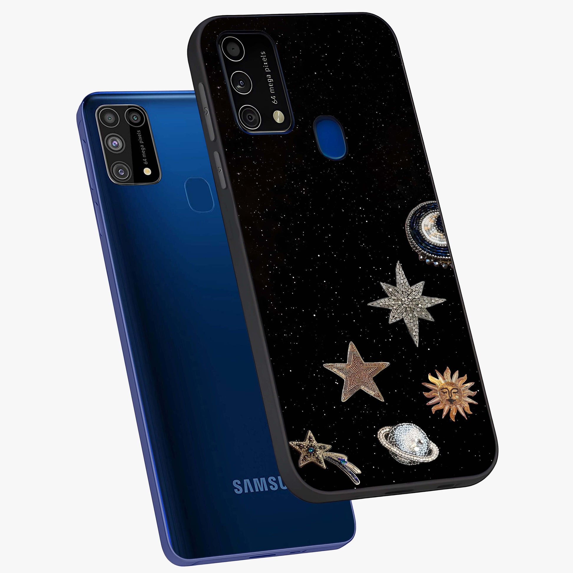 Galactic Charm Glow Glass Case displayed in angled mockup highlighting luminous galaxy inspired design with dreamy aesthetic.