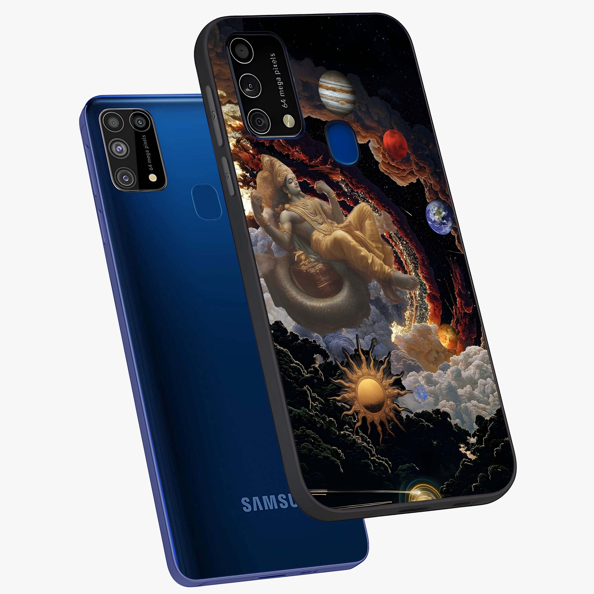 Galactic Divine God Glass Case displayed in angled mockup highlighting powerful celestial deity illustration with galactic aesthetic.