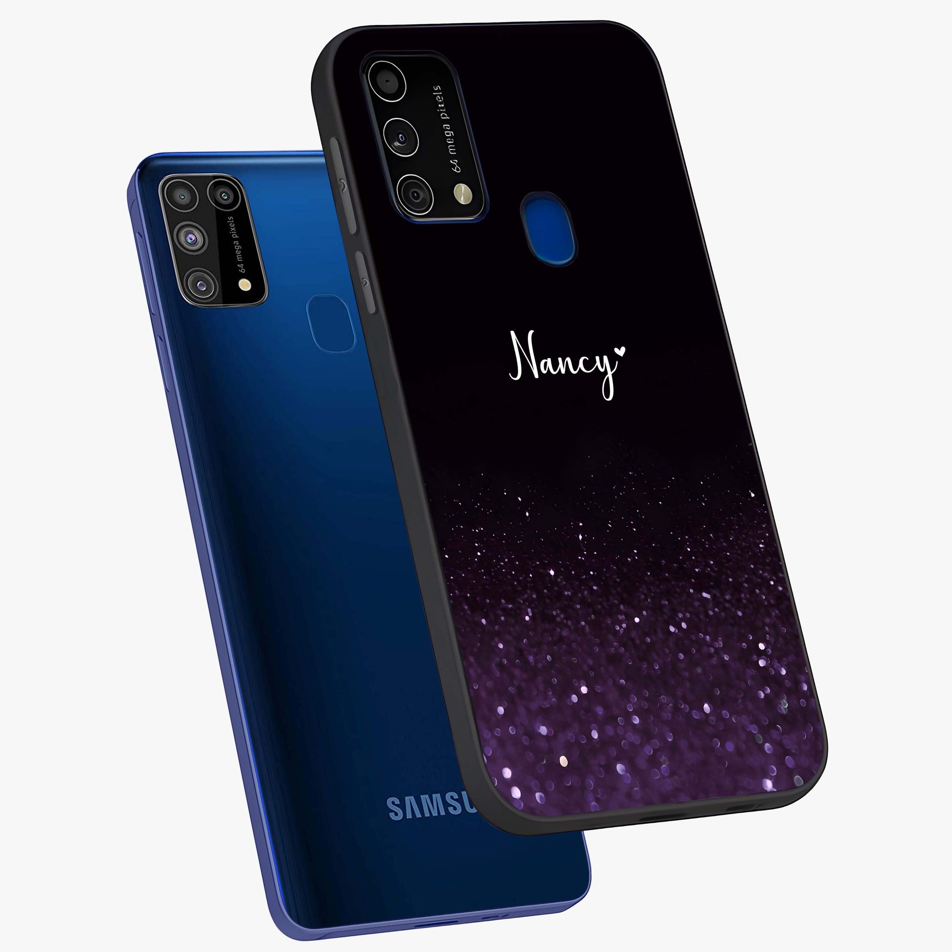 Glittery Purple Bokeh Custom Name Glass Case displayed in angled mockup highlighting glitter bokeh pattern with custom name feature.