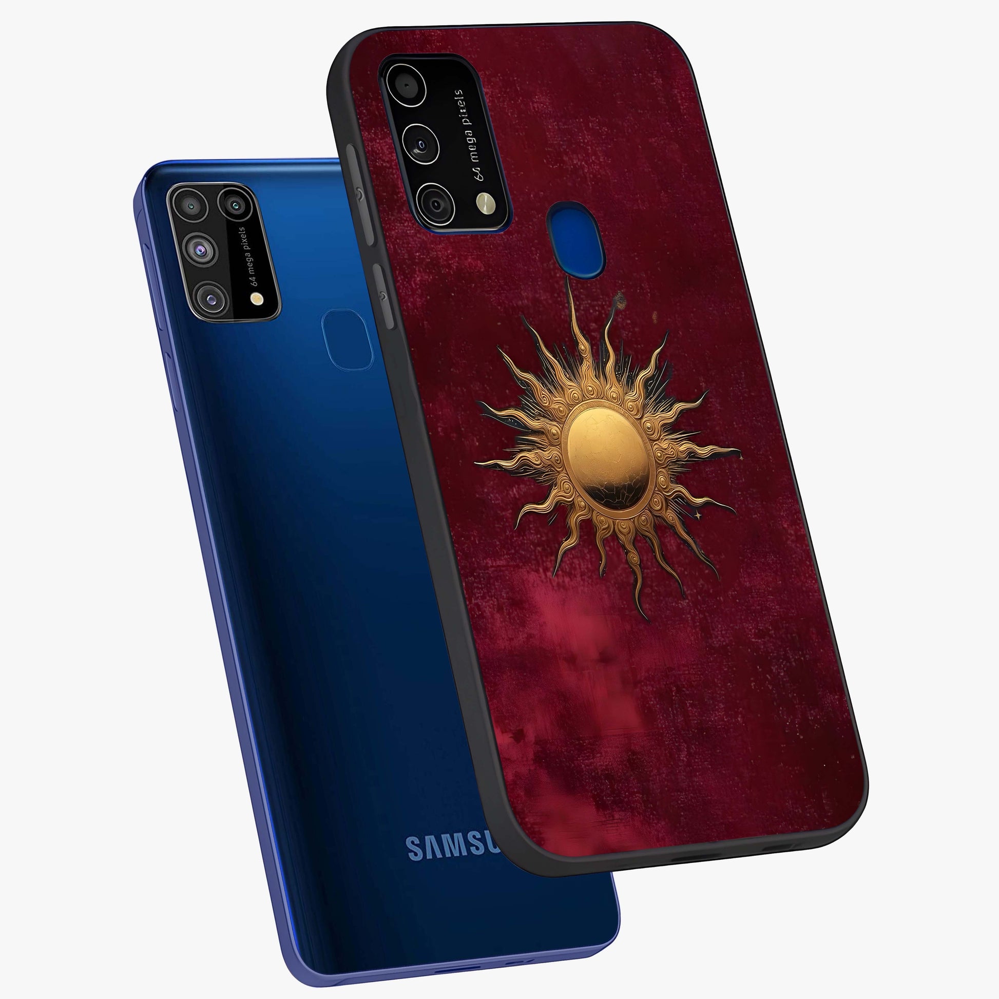 Golden Sun Minimalism Glass Case displayed in angled mockup highlighting clean sun symbol design with modern minimal aesthetic.