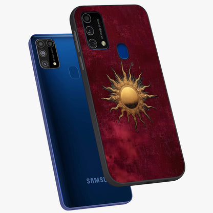 Golden Sun Minimalism Glass Case displayed in angled mockup highlighting clean sun symbol design with modern minimal aesthetic.