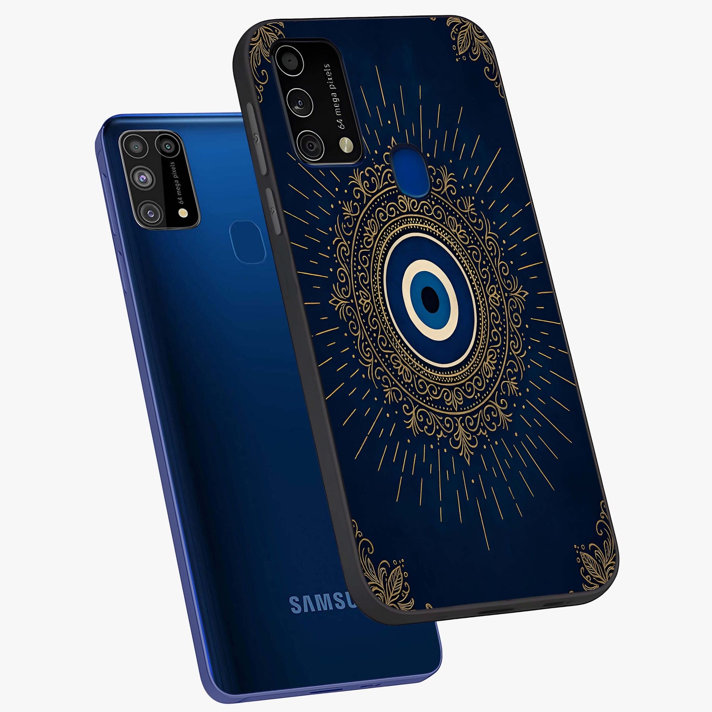 Golden Celestial Charm Glass Case displayed in angled mockup highlighting sparkling cosmic charm design with celestial aesthetic.