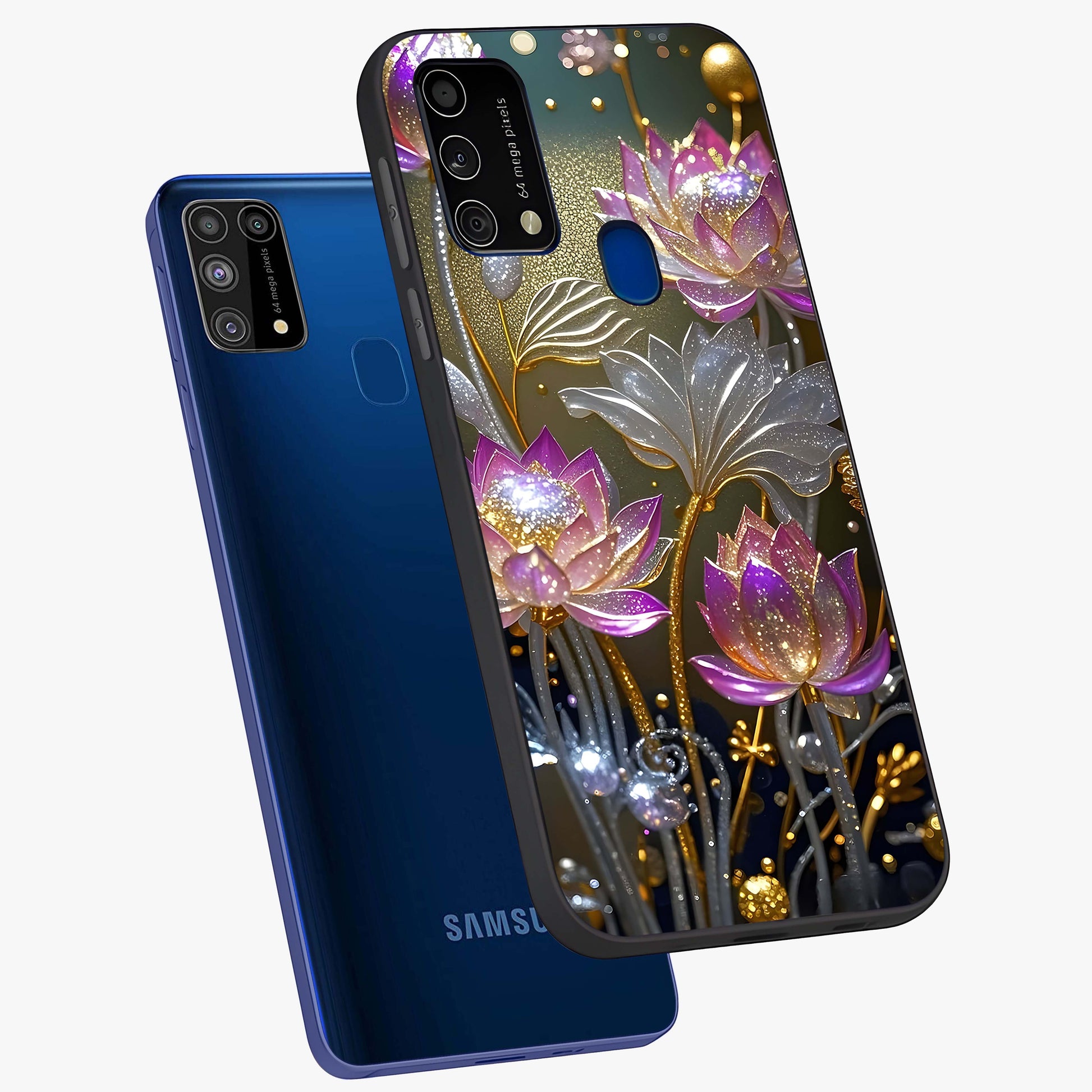Golden Floral Majesty Glass Case displayed in angled mockup highlighting elegant flower design with royal golden aesthetic.