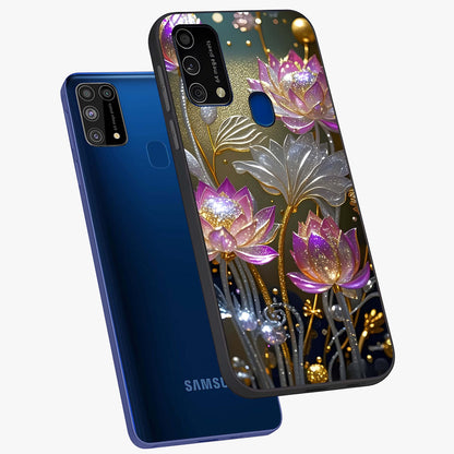 Golden Floral Majesty Glass Case displayed in angled mockup highlighting elegant flower design with royal golden aesthetic.