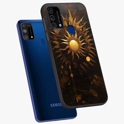 Golden Sun Majesty Glass Case displayed in angled mockup highlighting eerie shadow illustration with gothic aesthetic.