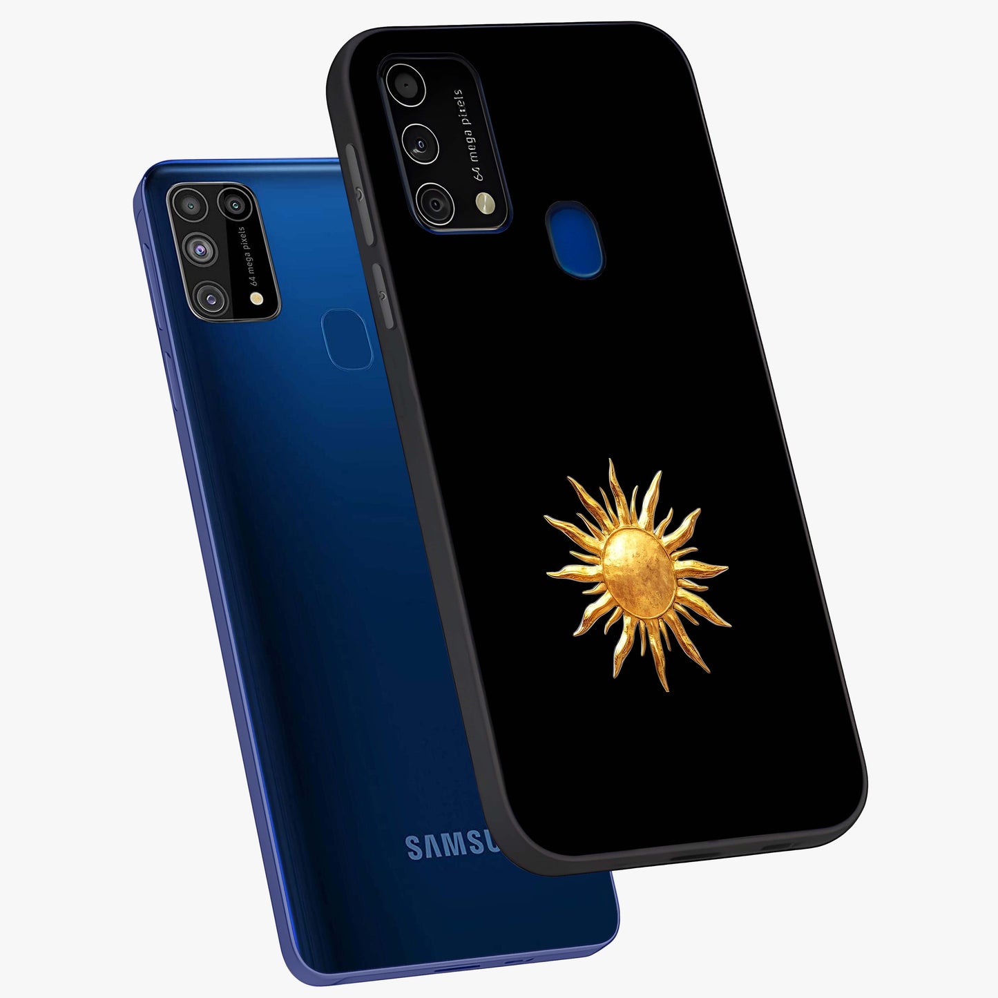 Golden Sun Minimalism Glass Case displayed in angled mockup highlighting eerie shadow illustration with gothic aesthetic.