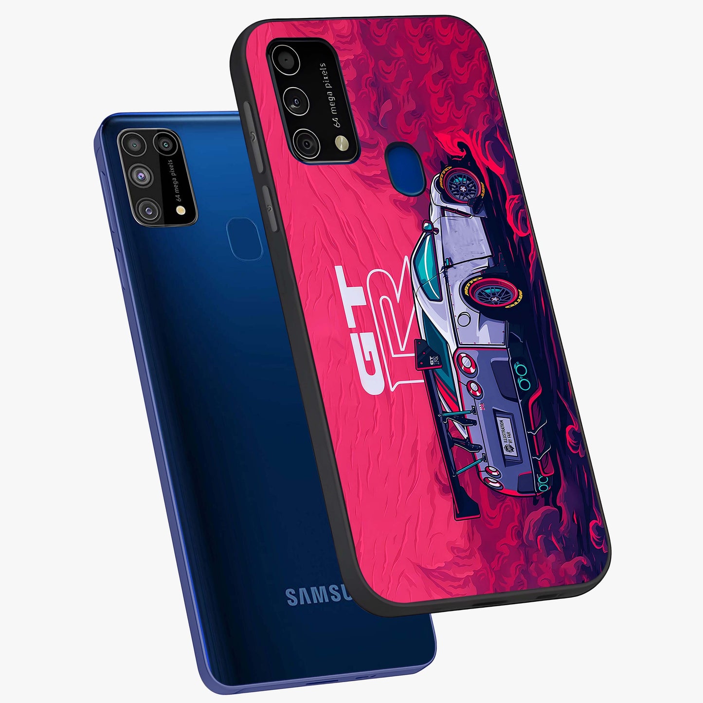GT-R Car Pattern Glass Case displayed in angled mockup highlighting racing car graphic design with bold automotive aesthetic.